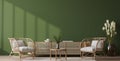 Empty wall mock-up in home interior on green background with rattan chair Royalty Free Stock Photo