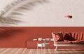 Empty wall mock up in modern style interior with wooden armchair. Minimalist interior design. 3D illustration