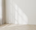 Empty wall mock up, empty room with white wall with sunlight and shadows near window, wooden floor, 3d illustration