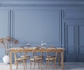 Empty wall mockup In blue classic dining room, cozy and minimal interior design