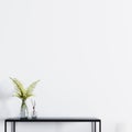 Empty wall for mockup poster with table and plant in a glass vase.