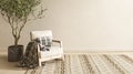 Empty wall mockup in warm neutral beige room interior with wooden armchair. Boho style decoration and free space. 3d Royalty Free Stock Photo