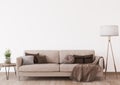 Empty wall in modern living room, beige sofa on empty white background