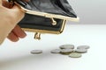 An empty wallet in hands close-up. Russian coins. Poverty, misery, little wages Royalty Free Stock Photo