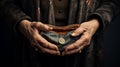 Empty wallet in the hands of an old man. In the old style. Close-up. Royalty Free Stock Photo