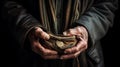 Empty wallet in the hands of an old man. In the old style. Close-up. Copy space Royalty Free Stock Photo