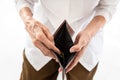 Empty wallet in the hands of Senior asian people in wrinkled hands,Elderly woman hands open an empty wallet on white background,