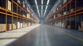 An empty warehouse with shelves full of boxes, a long aisle, and bright lights. Royalty Free Stock Photo