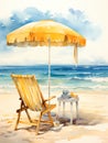 Empty - A Watercolor Painting Of A Chair And Umbrella On A Beach Royalty Free Stock Photo