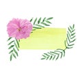 Empty watercolor template of yellow color with pink flower and green leaves