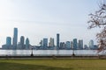 Empty Waterfront at Battery Park in New York City with a view of the Jersey City Skyline along the Hudson River Royalty Free Stock Photo