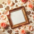 top view empty wedding picture frame mockup with peach rose petals decoration ai generated Royalty Free Stock Photo