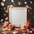 golden empty wedding picture frame mockup with peach rose petals decoration ai generated Royalty Free Stock Photo