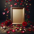 golden empty wedding picture frame mockup with red rose petals decoration ai generated Royalty Free Stock Photo