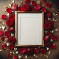 empty wedding picture frame mockup with red rose petals decoration ai generated
