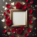 gold empty wedding picture frame mockup with red rose petals decoration ai generated Royalty Free Stock Photo