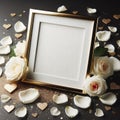 empty wedding picture frame mockup with white rose petals decoration ai generated