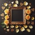 Gold classic wedding picture frame mockup with yellow rose petals decoration ai generated Royalty Free Stock Photo
