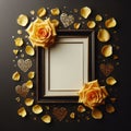 black empty wedding picture frame mockup with yellow rose petals decoration ai generated Royalty Free Stock Photo