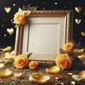 gold empty wedding picture frame mockup with yellow rose petals decoration ai generated Royalty Free Stock Photo