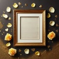 empty wedding picture frame mockup with yellow rose petals decoration ai generated Royalty Free Stock Photo
