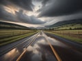 A empty wet road with a cloudy sky and a mountain in the background, ai generated Royalty Free Stock Photo