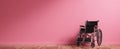 The empty wheelchair against a pink wall in a serene interior setting..AI generated image Royalty Free Stock Photo