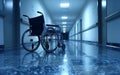 An empty wheelchair in the hospital corridor, with a blue tone and clean background Royalty Free Stock Photo