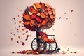 Empty wheelchair near tree with withered orange autumn leaves. No People. Concept of lonely elderly. Generative ai.