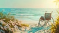 Empty wheelchair on a sandy beach with the ocean in the background. Accessibility and beach enjoyment for disabled Royalty Free Stock Photo
