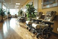 Empty Wheelchairs in Hospital Corridor.