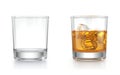 Empty Whiskey glass and Whiskey glass with whiskey and ice cubes isolated on white background Royalty Free Stock Photo