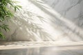 Empty white abstract table - platform with empty space for product placement and design solutions, blank illuminated white