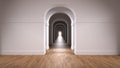 Empty white architectural interior with infinite arch doors, endless corridor of doorway, walkaway, labyrinth. Move forward,