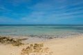 An empty white beach and shallow turquoise water under a sunny blue sky