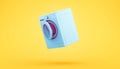 Empty White Blue Pink Washing Machine with open door on Yellow Background.