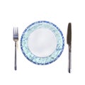 Empty plate, fork and knife - isolated over white background Royalty Free Stock Photo