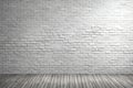 Empty white brick wall background texture with white wooden floor. Royalty Free Stock Photo