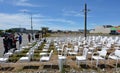 185 empty white chairs sculpture in Christchurch New Zealand