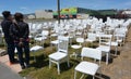 185 empty white chairs sculpture in Christchurch New Zealand