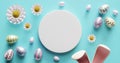 Empty white circle in the center surrounded by rabbit ears, Easter eggs, daisy flowers. 3d rendering Royalty Free Stock Photo