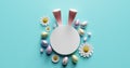 Empty white circle with protruding bunny ears, easter eggs, daisy flowers. 3d rendering Royalty Free Stock Photo