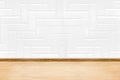 Empty white clean ceramic tile wall and wood floor background,Minimal simple style interior backdrop Royalty Free Stock Photo