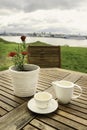 A coffee cup, a milk pitcher and a white flower pot on a table Royalty Free Stock Photo