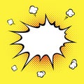 Empty white comic boom effect on yellow background. Explosion speech bubble burst. Pop art style. Vector illustration