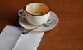 Empty white cup with saucer and small spoon with coffee leftovers on the table Royalty Free Stock Photo