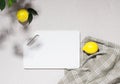 Empty white cutting board ripe lemon lie on the kitchen table, top view flat lay, mockup Royalty Free Stock Photo