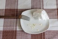 empty white dish with leftovers of eaten food, crumpled table-napkin and steel fork