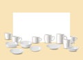 Empty white dishware, utensil for bar or restaurant vector illustration. Set of white plates, bowls, white dishware and