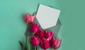 Empty white envelope copy space for your text or design with beautiful pink tulip bouquet on green background. Template Royalty Free Stock Photo